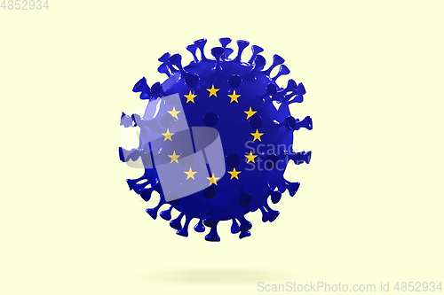 Image of Model of COVID-19 coronavirus colored in national EU flag, concept of pandemic spreading