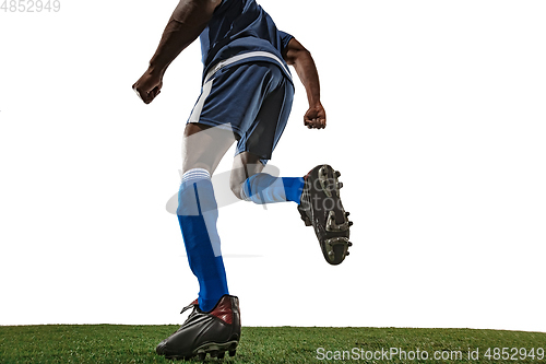 Image of Football or soccer player on white background - motion, action, activity concept, wide angle