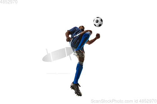 Image of Football or soccer player on white background - motion, action, activity concept, wide angle