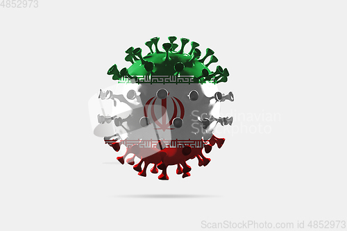 Image of Model of COVID-19 coronavirus colored in national Iran flag, concept of pandemic spreading