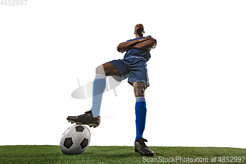 Image of Football or soccer player on white background - motion, action, activity concept, wide angle