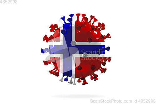 Image of Model of COVID-19 coronavirus colored in national Norway flag, concept of pandemic spreading