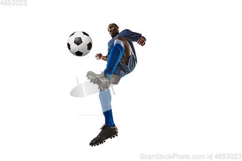 Image of Football or soccer player on white background - motion, action, activity concept, wide angle