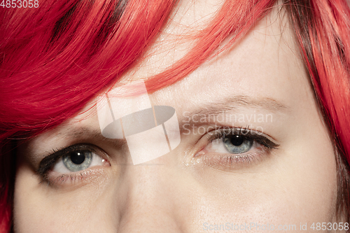 Image of Close up of face of beautiful caucasian young woman, focus on eyes