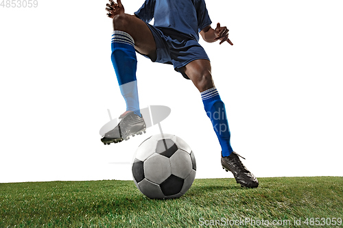Image of Football or soccer player on white background - motion, action, activity concept, wide angle