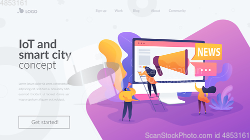 Image of Social media and news tips, smart city landing page template.