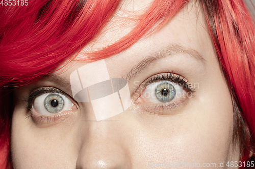 Image of Close up of face of beautiful caucasian young woman, focus on eyes