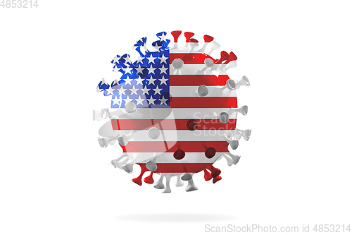 Image of Model of COVID-19 coronavirus colored in national USA flag, concept of pandemic spreading