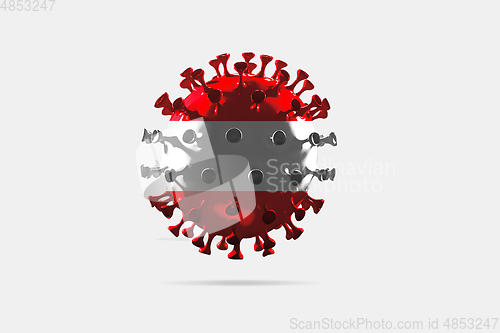 Image of Model of COVID-19 coronavirus colored in national Austria flag, concept of pandemic spreading