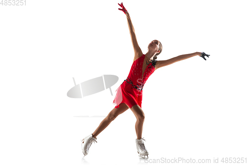Image of Girl figure skating isolated on white studio backgound with copyspace