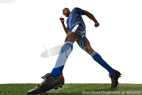 Image of Football or soccer player on white background - motion, action, activity concept, wide angle