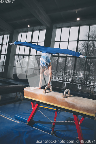 Image of Little male gymnast training in gym, flexible and active. Caucasian fit little boy, athlete in sportswear practicing in exercises for strength, balance.