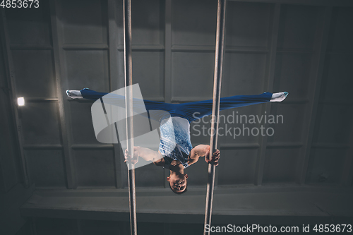 Image of Little male gymnast training in gym, flexible and active. Caucasian fit little boy, athlete in sportswear practicing in exercises for strength, balance.