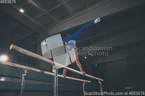 Image of Little male gymnast training in gym, flexible and active. Caucasian fit little boy, athlete in sportswear practicing in exercises for strength, balance.