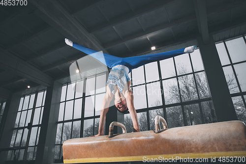 Image of Little male gymnast training in gym, flexible and active. Caucasian fit little boy, athlete in sportswear practicing in exercises for strength, balance.