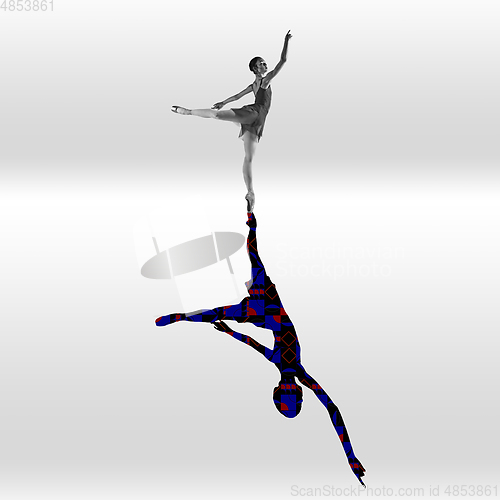 Image of Young caucasian dancer isolated on studio background with shadow, modern artwork. Abstract trendy design.