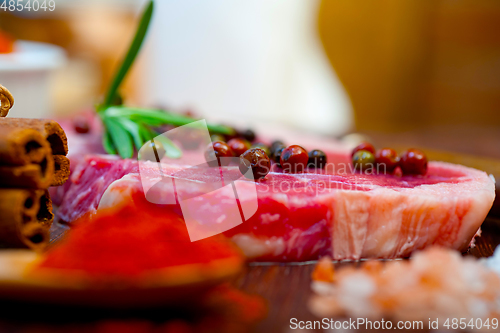 Image of raw uncooked  ribeye beef steak butcher selection