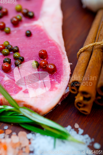 Image of raw uncooked  ribeye beef steak butcher selection