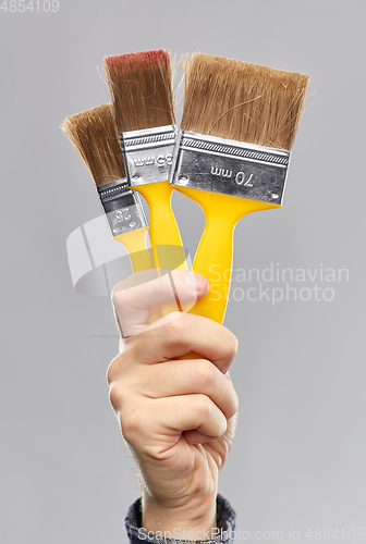 Image of close up of builder's hand holding paint brushes