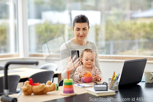 Image of mother with baby and phone working at home office