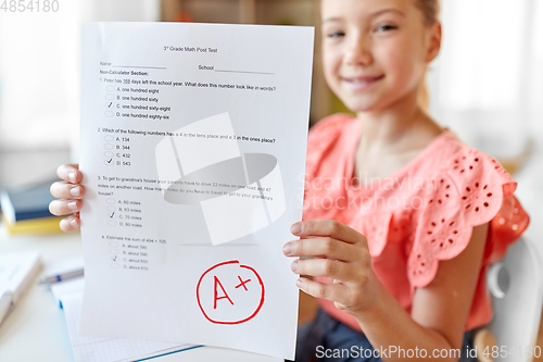Image of student girl with school test good mark at home