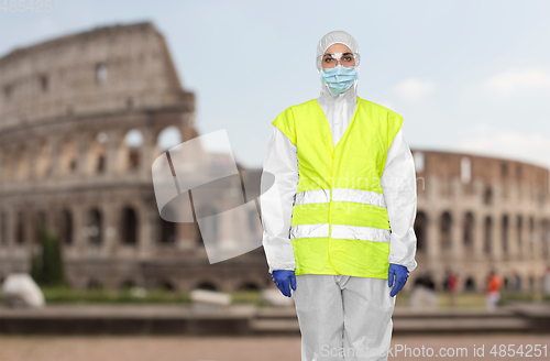 Image of healthcare or sanitation worker in hazmat suit