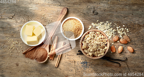 Image of baking ingredients on wooden table