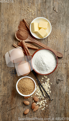 Image of baking ingredients on wooden table