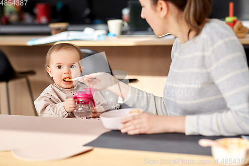 Image of happy mother feeding baby with puree at home