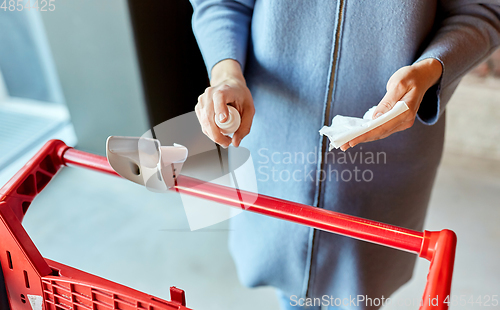 Image of woman cleaning shopping cart handle with sanitizer