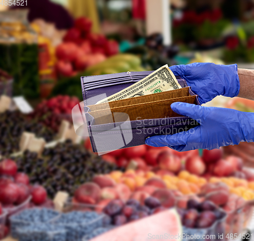 Image of close up of hands in gloves with empty wallet