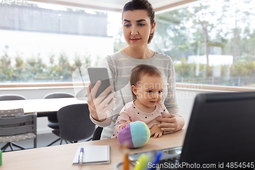 Image of mother with baby and phone working at home office