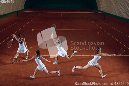 Image of Young caucasian professional sportswoman playing tennis on sport court background, collage with action concept