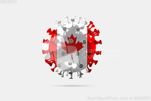 Image of Model of COVID-19 coronavirus colored in national Canada flag, concept of pandemic spreading