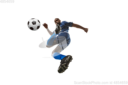 Image of Football or soccer player on white background - motion, action, activity concept, wide angle