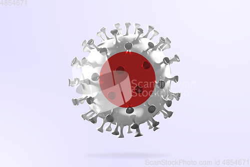 Image of Model of COVID-19 coronavirus colored in national Japan flag, concept of pandemic spreading