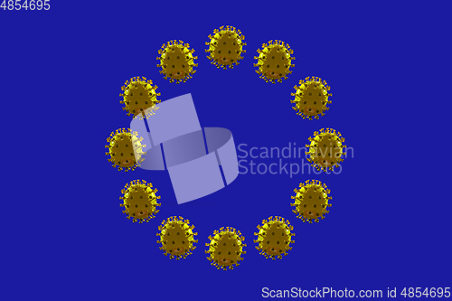 Image of Flag of Europe made of models of COVID-19 coronavirus, concept of pandemic spreading