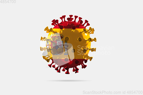 Image of Model of COVID-19 coronavirus colored in national Spain flag, concept of pandemic spreading