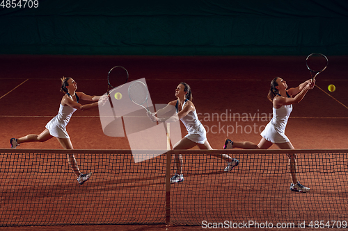 Image of Young caucasian professional sportswoman playing tennis on sport court background, collage with action concept