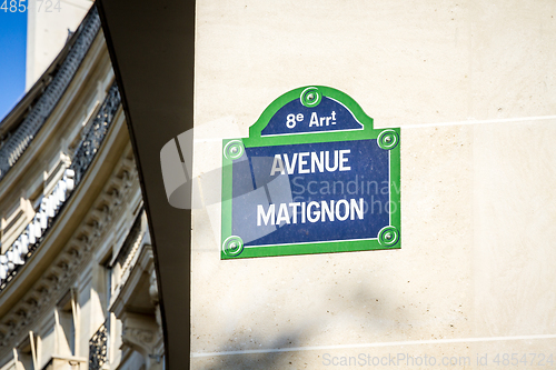 Image of Avenue Matignon street sign, Paris, France