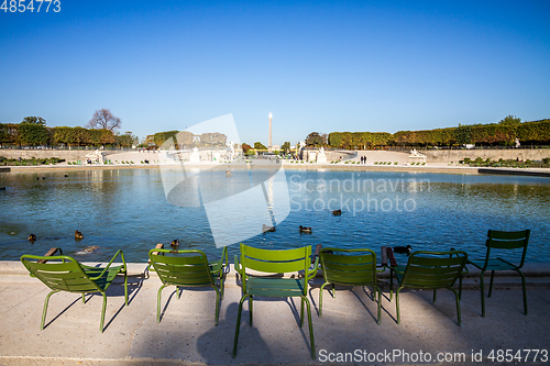 Image of Tuileries Garden pond, Obelisk and triumphal arch, Paris, France