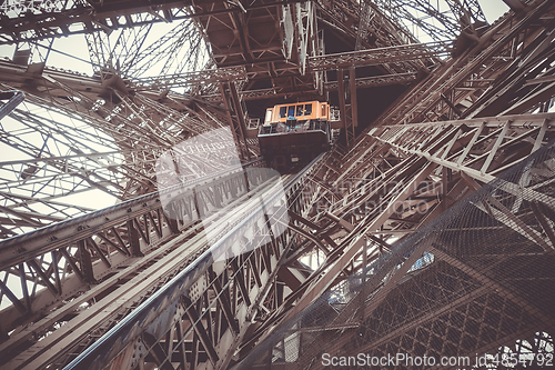 Image of Eiffel Tower structure and elevator, Paris, France