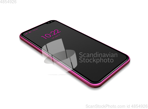 Image of All-screen black and pink smartphone mockup isolated on white. 3