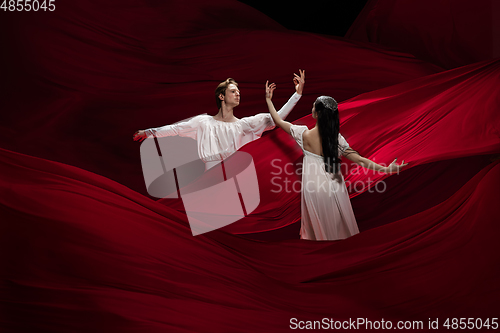 Image of Young and graceful ballet dancers on billowing red cloth background in classic action. Art, motion, action, flexibility, inspiration concept.