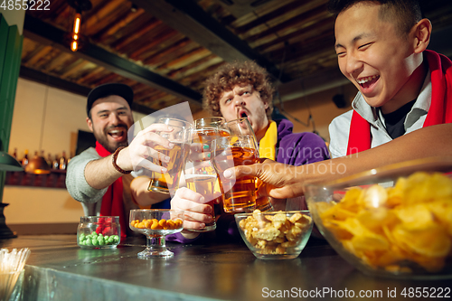 Image of Sport fans cheering at bar, pub and drinking beer while championship, competition is going