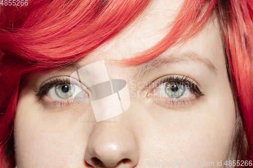 Image of Close up of face of beautiful caucasian young woman, focus on eyes