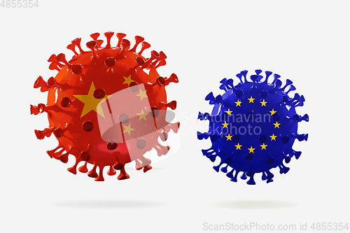 Image of Model of COVID-19 coronavirus colored in national China and EU flags, concept of pandemic spreading