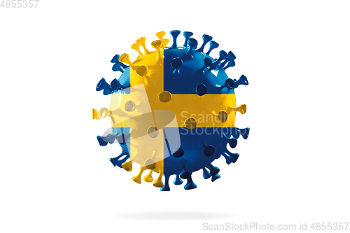 Image of Model of COVID-19 coronavirus colored in national Sweden flag, concept of pandemic spreading