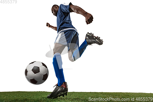 Image of Football or soccer player on white background - motion, action, activity concept, wide angle