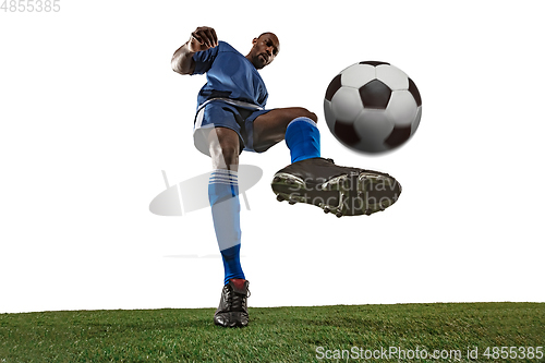 Image of Football or soccer player on white background - motion, action, activity concept, wide angle